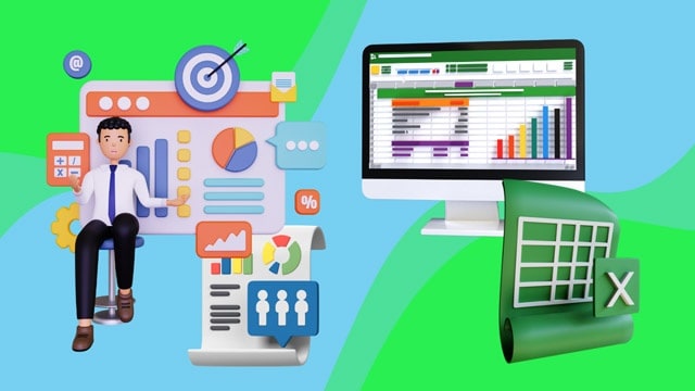 Data Management with Advanced MS Excel course visual showing spreadsheets, reporting, and analytics
