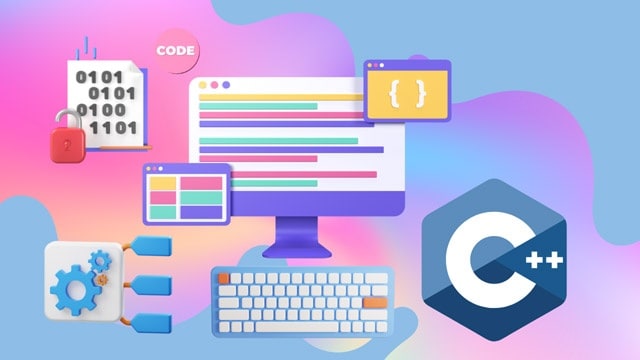 KLiC C++ Programming course visual showing code editor, programming concepts, and software development