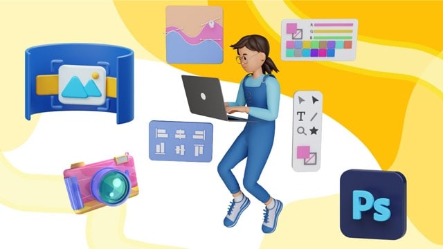 KLiC Photoshop course visual showing digital art tools, photo editing, and creative workflow