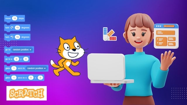 KLiC SCRATCH course visual showing visual coding, creative learning, and beginner-friendly programming