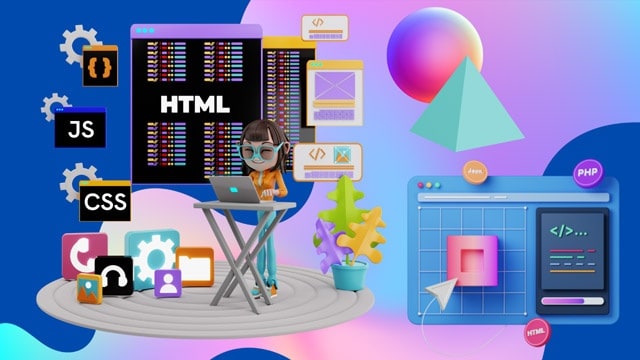 KLiC Web Designing course visual showing coding, interface layout, and web production tools