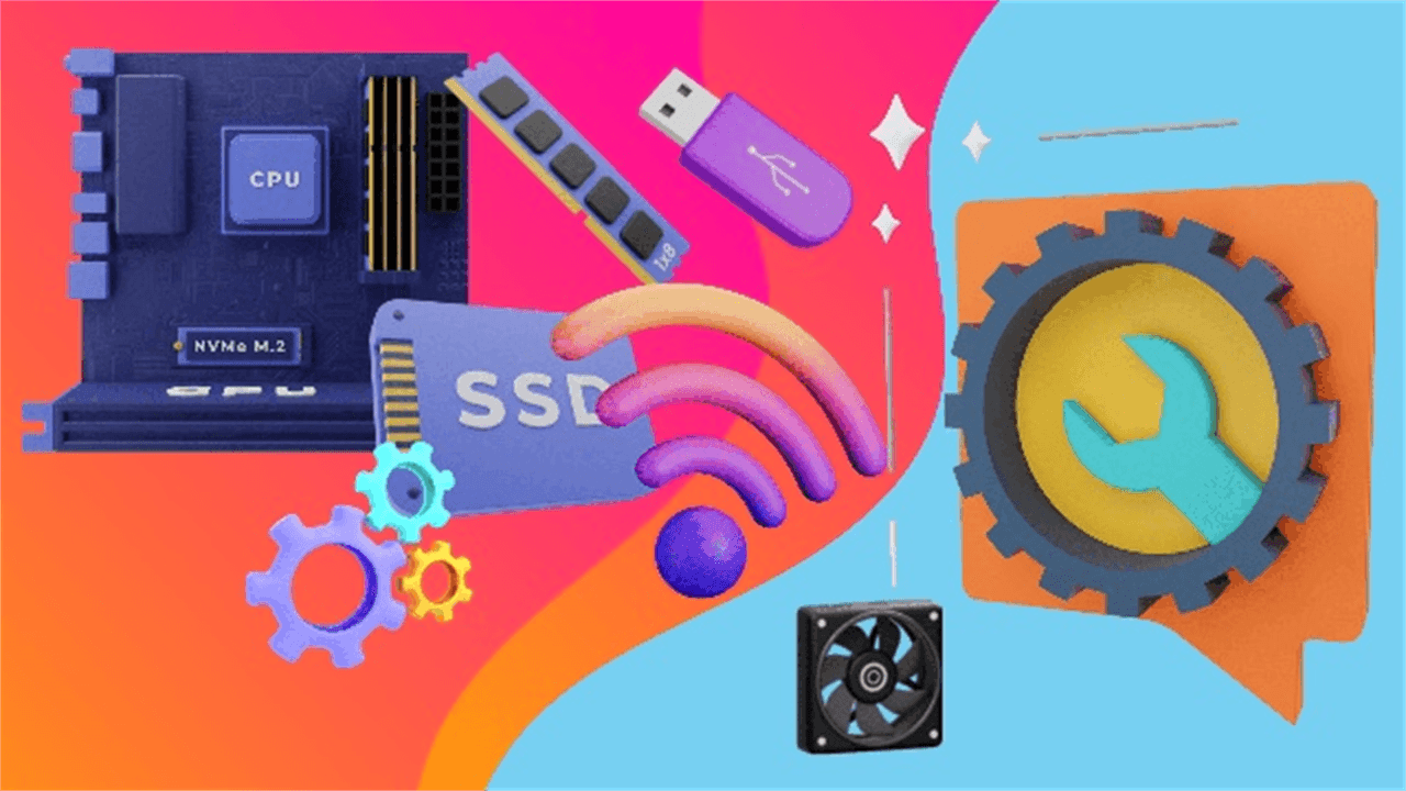 KLiC Hardware and Network Support course visual showing computer components, storage, and repair tools
